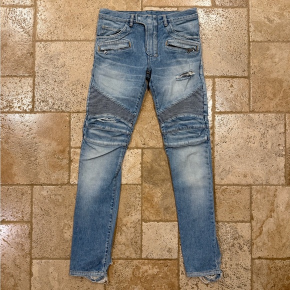 Balmain OG Distressed Moto Light Wash Blue Denim Jeans